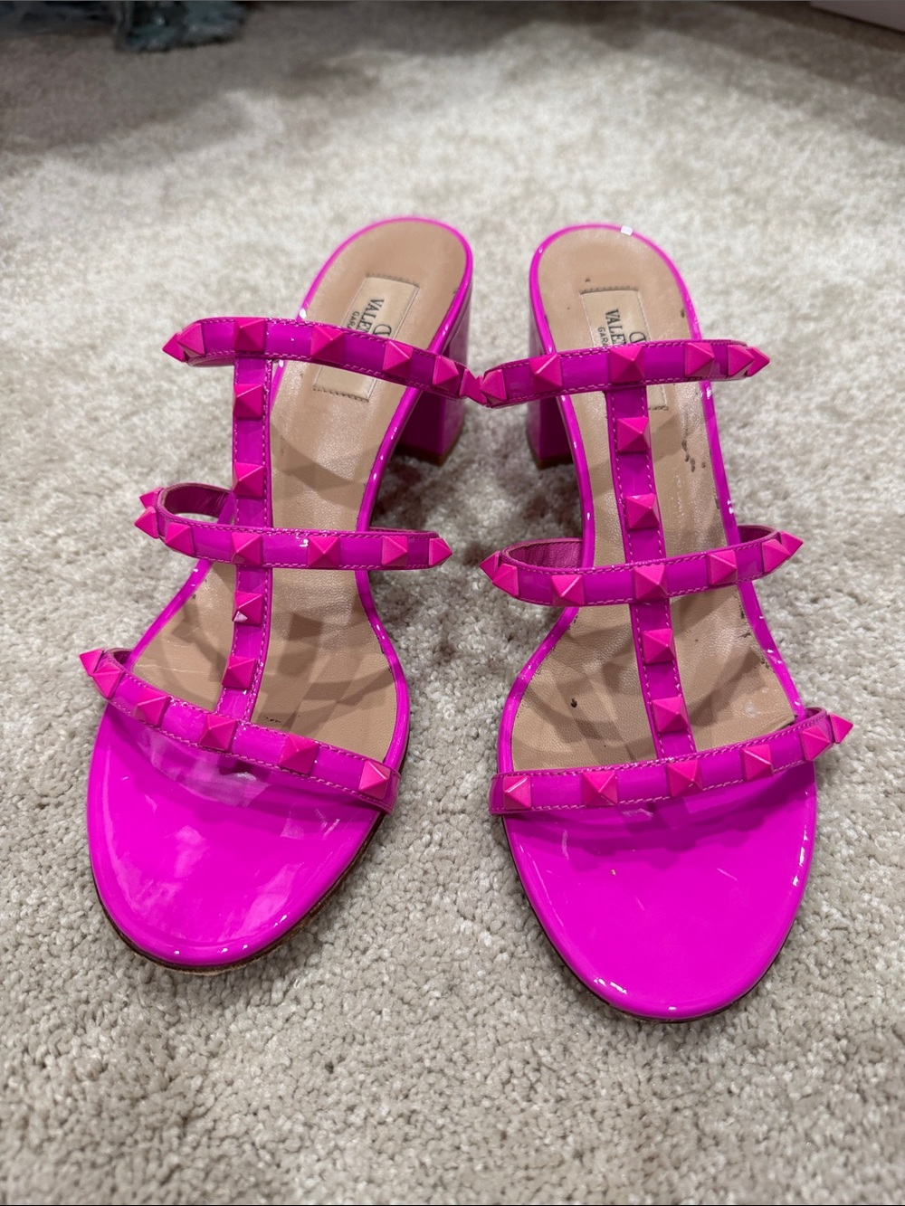 Valentino Hot Pink/Fuscia Patent Studded Block Heel Sandals